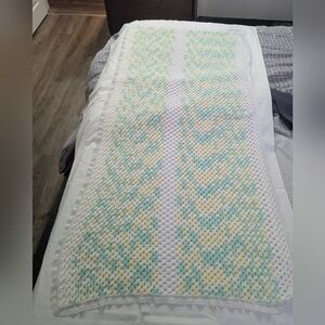 Handmade Crocheted Blanket Shawl Green, Yellow & White  Throw Blanket